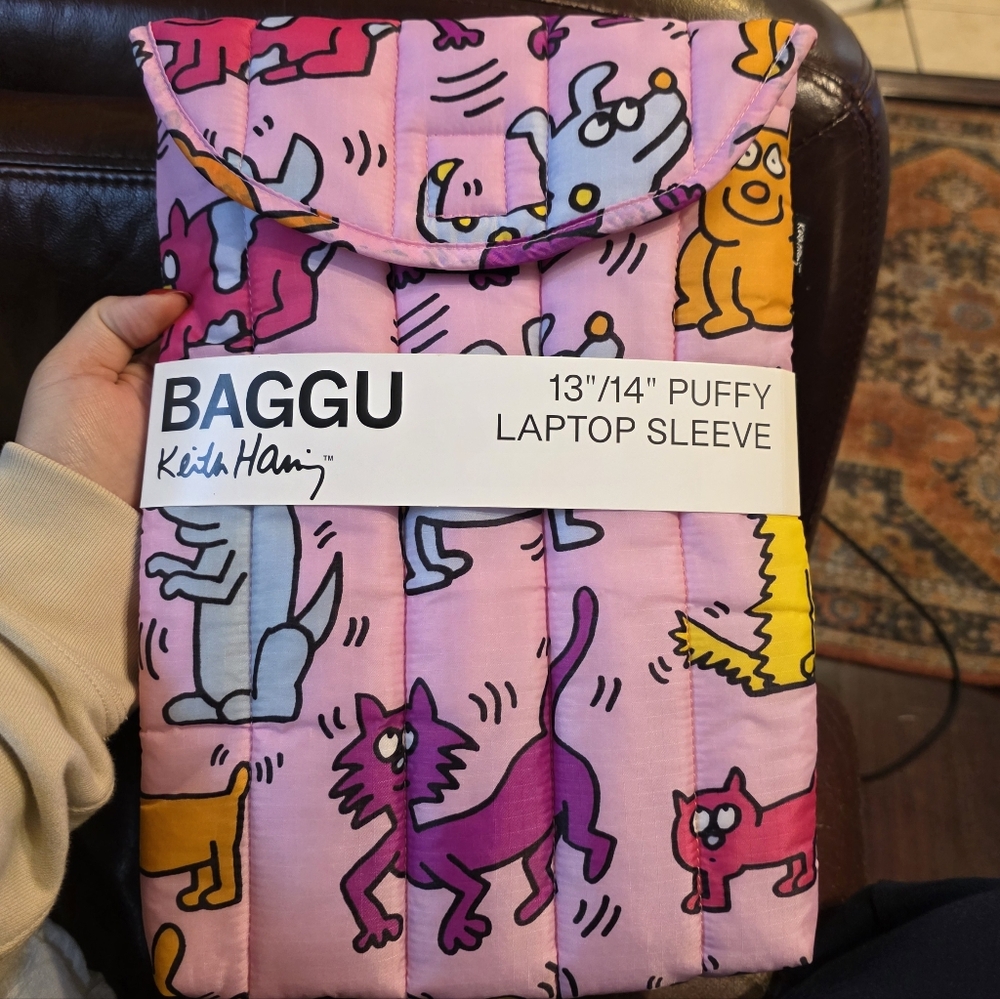 BAGGU Keith Haring Pink Dog Print Puffy Laptop Sleeve 13" /14"